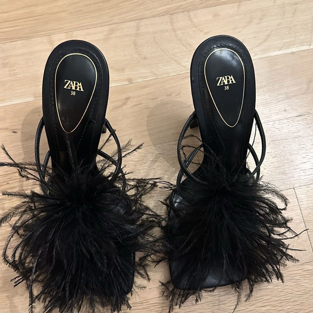 Zara Black Feather Trim Square-Toe Heel Mules - Picture 2 of 5